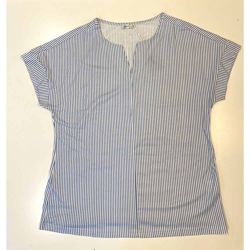 Wiholl Women's Blue/White Striped V-Neck Short Sleeve Woven Blouse, M